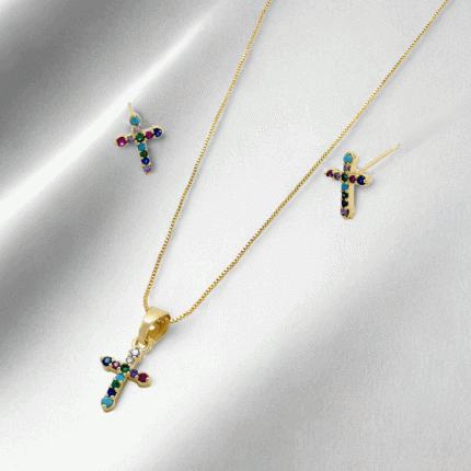 Set de Cadena y Aretes Cruz Multicolor – Fe con Estilo y Color
