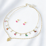 Juego Collar Doble con Dijes Frutales y Aretes Esmaltados Bañado en Oro