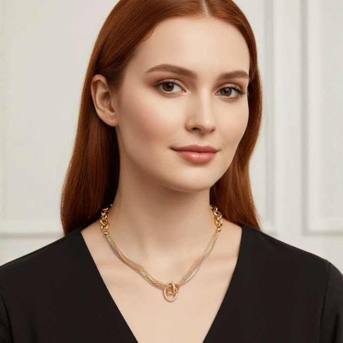 128 Collar Exclusivo con Baño de Tres Oros y Diseño de Anillos Entrelazados - Imagen 2