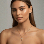 Cadena con Dije de Cruz Clásica Bañada en Oro con Circones Brillantes - Imagen 2