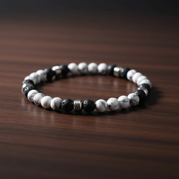 157 Pulsera Elástica de Howlita y Piedra Volcánica con Detalles Metálicos - Imagen 1