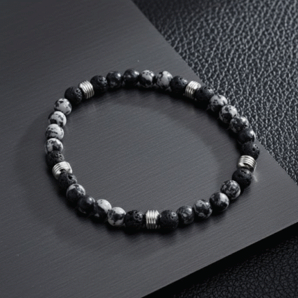 Pulsera Elástica de Piedras Nevadas y Lava Volcánica con Separadores Plateados