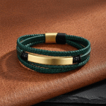 Pulsera Trenzada de Cuero Verde Oscuro y Acero Dorado para Hombre