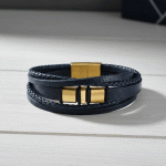 Pulsera de Cuero Trenzado Azul Marino y Acero Dorado para Hombre