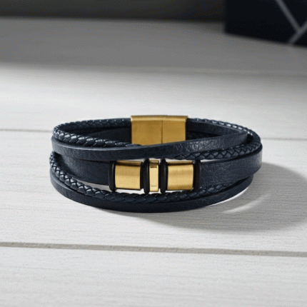 Pulsera de Cuero Trenzado Azul Marino y Acero Dorado para Hombre