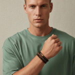 Set de 3 Pulseras para Hombre "Fuerza y Estilo": Piedras Naturales, Cuero Trenzado y Mancuerna Dorada - Imagen 2