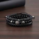 Set Triple de Pulseras Negras de Piedras Naturales y Cuero - Diseño "Fuerza"