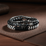 Set de 3 Pulseras de Hombre "Guerrero" - Piedras Naturales, Hematita y Cuero Trenzado