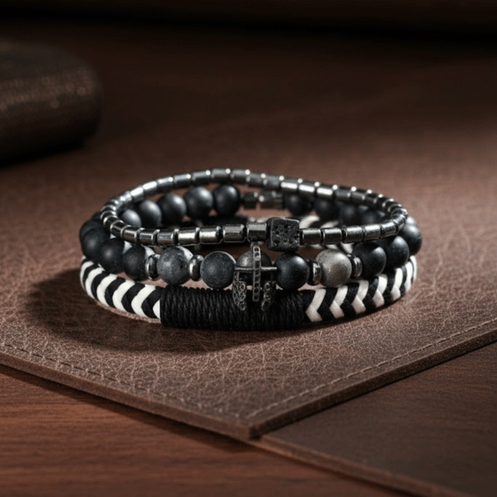 171 Set de 3 Pulseras de Hombre "Guerrero" - Piedras Naturales, Hematita y Cuero Trenzado - Imagen 1