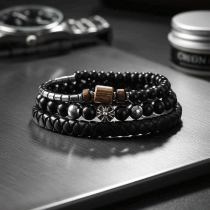 Set de 3 Pulseras Masculinas: Cuero Trenzado y Detalles Metálicos