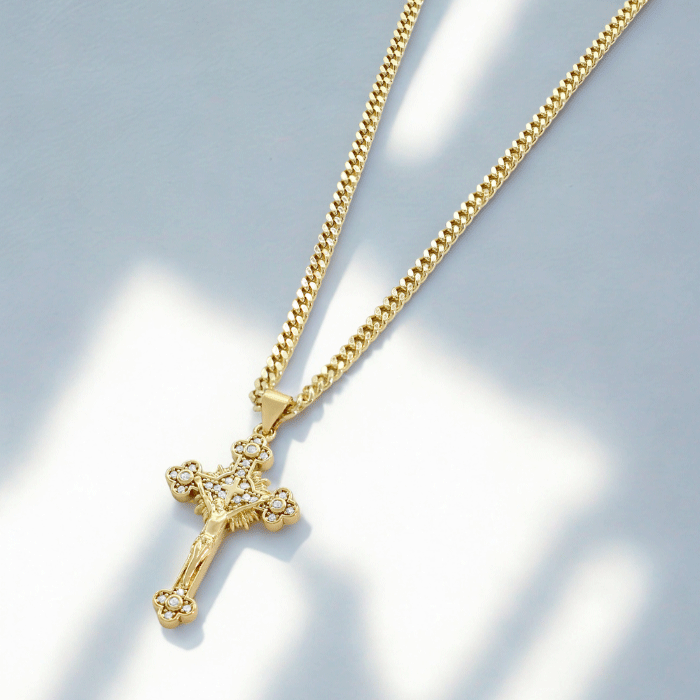 393 Cadena Crucifijo Clásico con Detalles Brillantes Bañada en Oro - Imagen 1