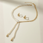 Juego de Collar de Perlas y Argollas Huggies Elegancia Dorada Bañado en Oro