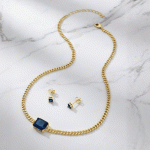 Juego de Collar y Aretes Esmeralda Azul Bañado en Oro