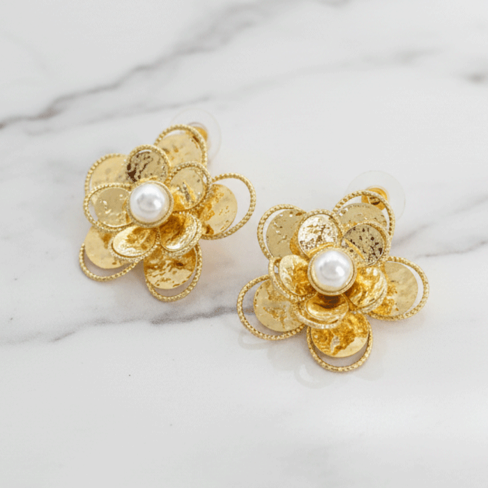 191 Aretes de Dama Florales con Textura y Perla Central, Baño de Oro de Lujo - Imagen 1