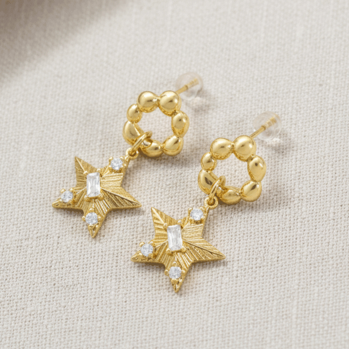 195 Aretes Colgantes de Estrella Fugaz Bañados en Oro con Circones - Imagen 1