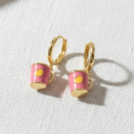 Aretes de Tasita de Café Esmaltada Rosa para Niñas | Baño de Oro