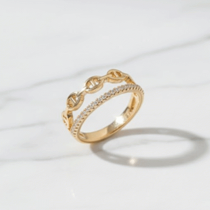 Anillo Doble Banda Cadena Mariner y Pavé Baño de Oro 24KT