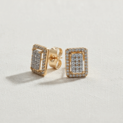 Aretes Rectangulares Bañados en Oro Italiano 24KT con Detalle en Oro Blanco y Circones