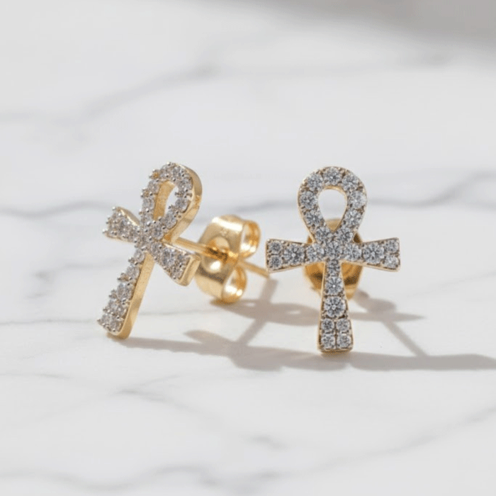285 Aretes Ankh Bañados en Oro Italiano 24KT con Circones y Detalle en Oro Blanco - Imagen 1