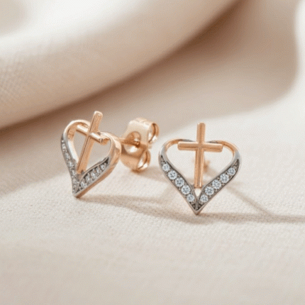 Aretes Corazón con Cruz Brillante en Oro Italiano 24KT y Oro Blanco