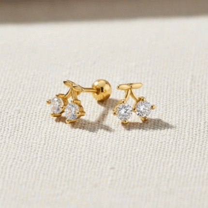 Aretes Ortopédicos para Bebé Bañados en Oro – Diseño Cerecitas con Brillo