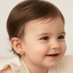 Aretes Ortopédicos para Bebé Bañados en Oro – Ositos con Ramillete de Flores Moradas - Imagen 2