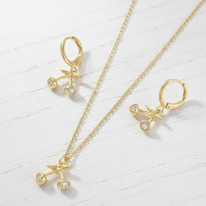 3 Juego de Cadena y Aretes de Cerezas Bañado en Oro - Imagen 1