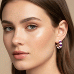 Semi Argollas Esmaltadas Bañadas en Oro – Diseño Blanco & Morado - Imagen 2