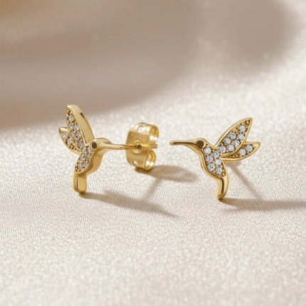 Aretes Mini Colibrí Bañados en Oro con Circones Brillantes