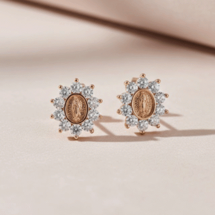 Aretes Virgen de Guadalupe Bañados en Oro con Flor de Circones
