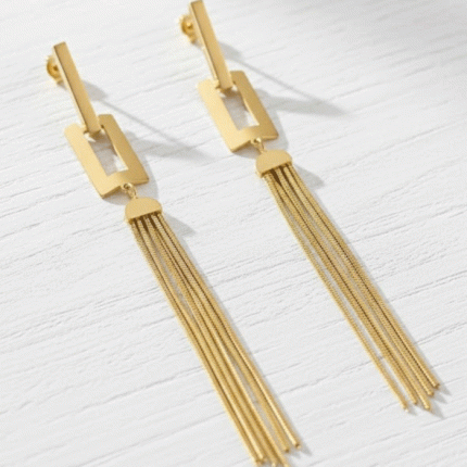 Aretes Largos Geométricos con Flecos Dorados – Acero Inoxidable