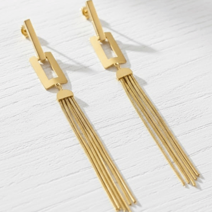 471 Aretes Largos Geométricos con Flecos Dorados – Acero Inoxidable - Imagen 1