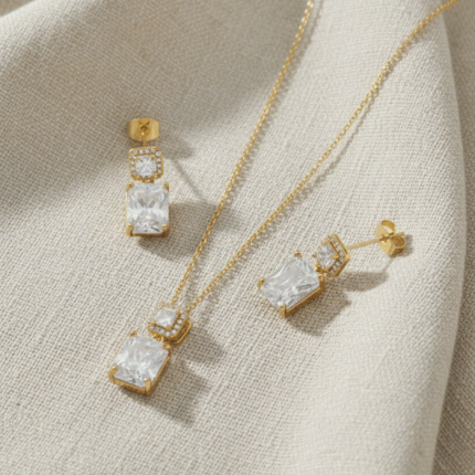 Juego de Cadena, Dije y Aretes Geométricos Rectangulares Bañados en Oro