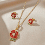 Juego de Cadena, Dije y Aretes Flor Roja Esmaltada Bañados en Oro