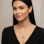 Juego de Cadena, Dije y Aretes Flor Roja Esmaltada Bañados en Oro - Imagen 2