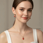 Juego de Cadena, Dije y Aretes Fresa Esmaltada Bañados en Oro - Imagen 2