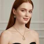 Juego de Cadena, Dije y Aretes Nudo Circular Bañados en Oro con Cristales - Imagen 2