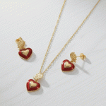 Juego de Cadena, Dije y Aretes Corazón Esmaltado con Alas Bañados en Oro