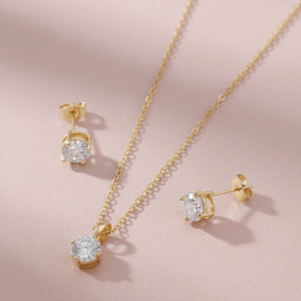 Juego de Cadena, Dije y Aretes Solitario con Cristal Bañados en Oro