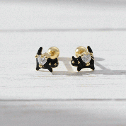 Aretes Ortopédicos para Bebé Bañados en Oro – Gatito Negro con Corazón