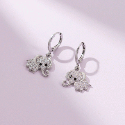 Aretes de Argolla con Dije de Elefante de la Suerte en Baño de Plata y Micro-Circones