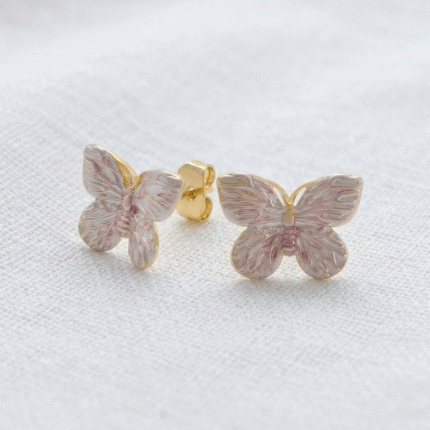 Aretes de Mariposa en Baño de Oro con Esmalte Nácar Rosado