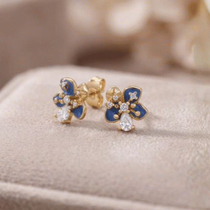 Aretes de Flor en Oro de con Esmalte Azul y Circones
