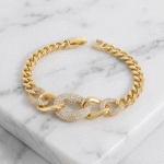 Pulsera de Eslabones Gruesos en Baño de Oro con Triple Centro de Circones