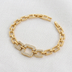Pulsera de Eslabones Rectangulares en Baño de Oro con Triple Centro de Circones