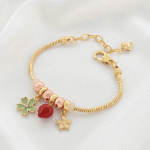 Pulsera Tipo Pandora en Baño de Oro con Charms de Flores y Fresa Esmerilada