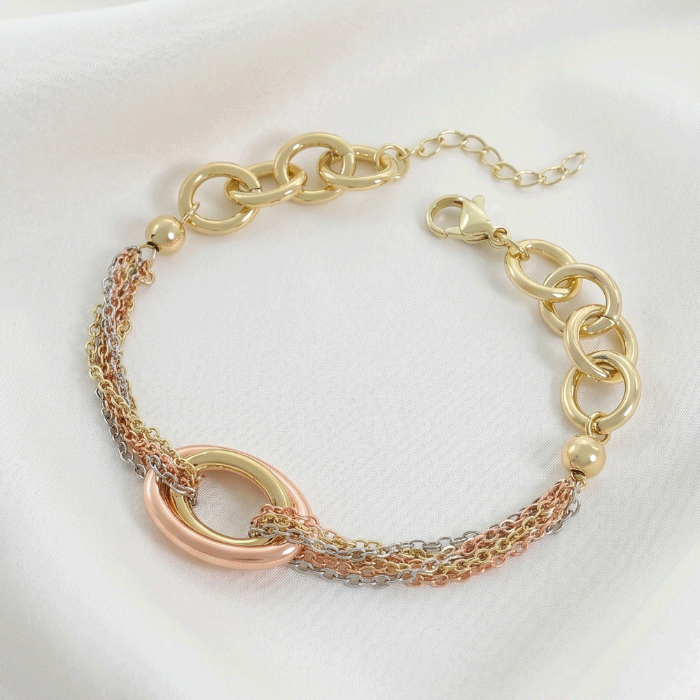 1 Pulsera de Eslabones y Cadenas Múltiples en Baño de 3 Oros con Argollas Entrelazadas - Imagen 1