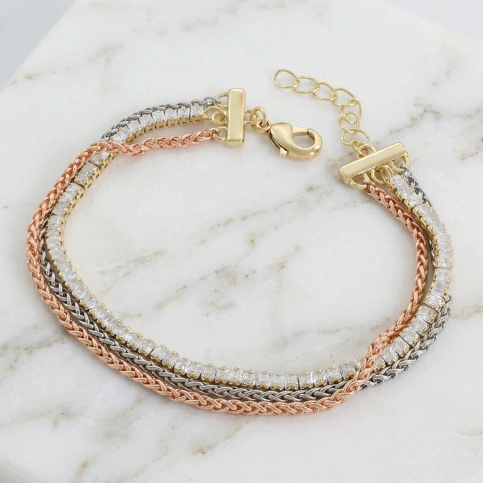 13 Pulsera de Triple Hilo Espiga y Riviera de Circones en Baño de 3 Oros - Imagen 1