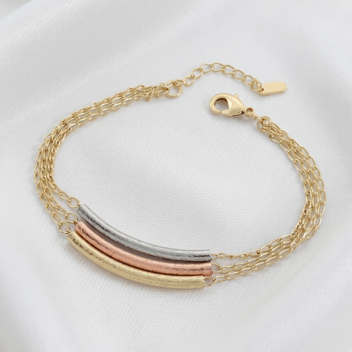 9 Pulsera de Triple Cadena con Tubos Satinados en Baño de 3 Oros - Imagen 1
