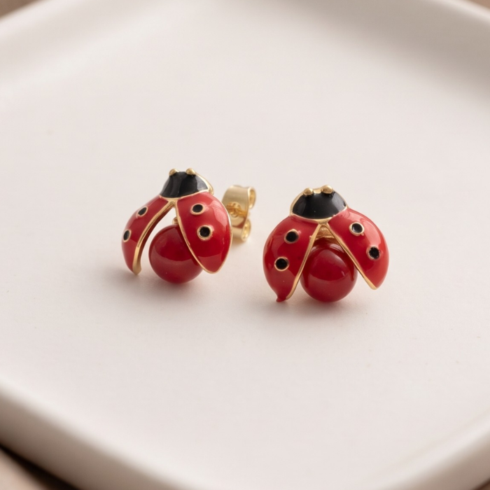 177 Aretes Topos de Mariquita Bañados en Oro con Esmalte Rojo y Negro - Imagen 1